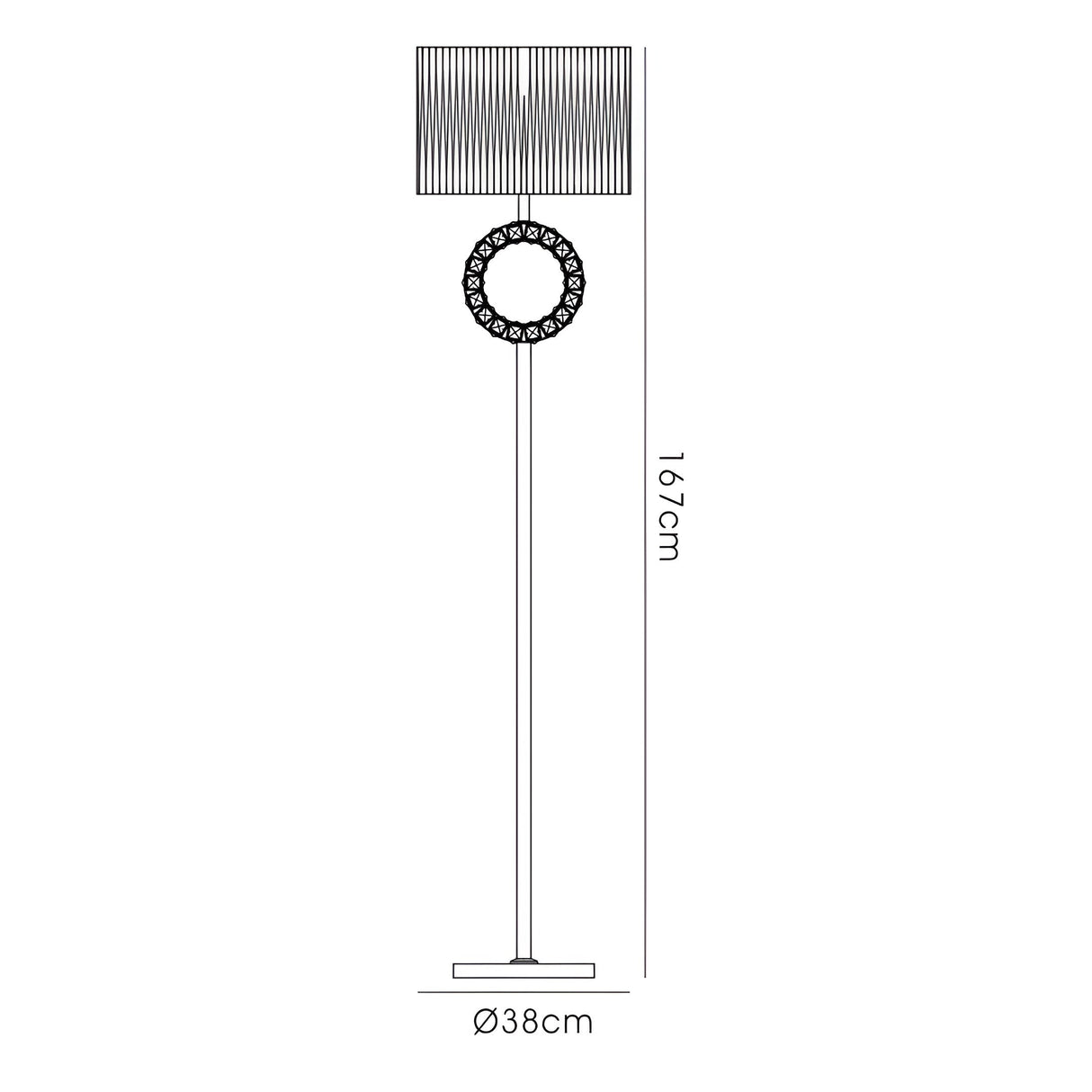 Line drawing of the Florence Round 1 Light Crystal Floor Lamp in brass with cream shade, featuring a circular decorative element below the shade. The lamp is dimmable, stands 167 cm tall, and has a base diameter of 38 cm.