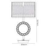 Line drawing of the Florence Round 1 Light Crystal Table Lamp—chrome finish, white rectangular shade, circular geometric-patterned base; total height 62.5 cm, base diameter 36 cm, measurements indicated.
