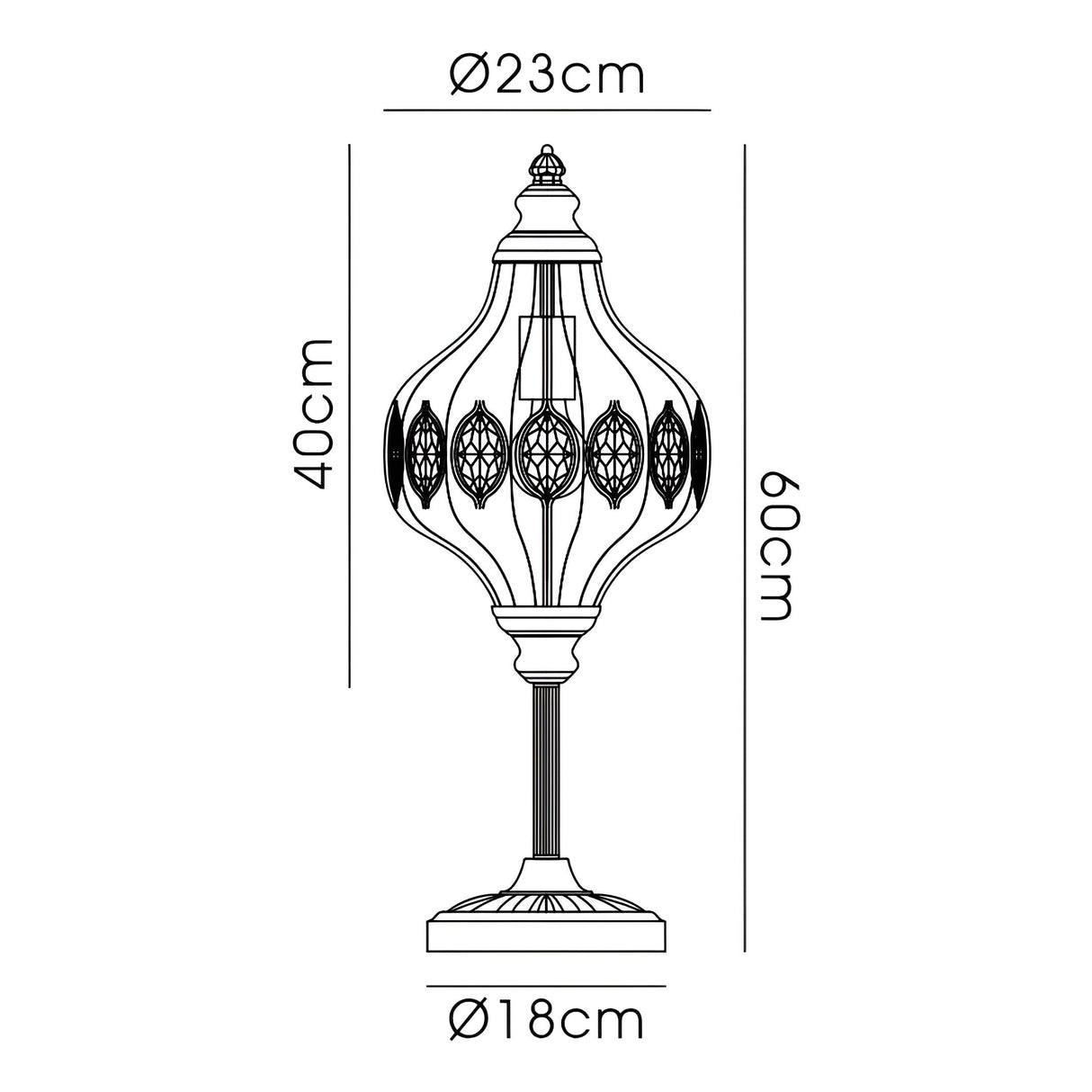 Line drawing of the Marisa 1 Light Crystal Table Lamp in antique brass with amber crystal, 60 cm tall. Its 40 cm high, 23 cm wide lampshade features decorative oval patterns inspired by Middle Eastern lantern designs. Base diameter: 18 cm.
