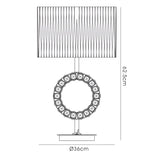 Line drawing of the Florence Round 1 Light Crystal Table Lamp in brass with a soft bronze shade, featuring a geometric round base. The lamp stands 62.5 cm tall with a 36 cm diameter base, as shown by labeled measurements.