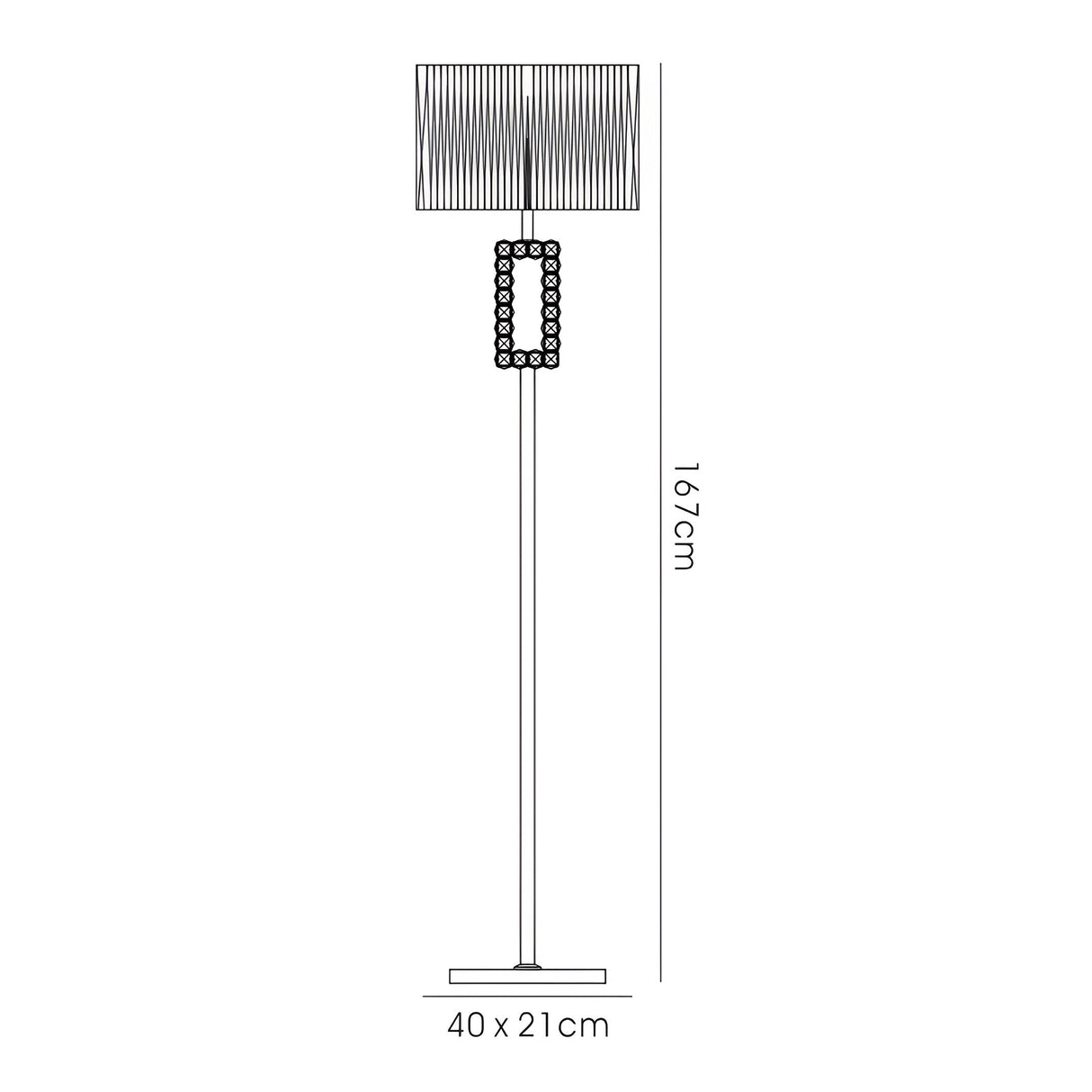 Line drawing of the Florence Rectangle 1 Light Crystal Floor Lamp—brass with bronze shade. Features a tall, thin stand, rectangular 40 x 21cm base, shade with vertical lines, and decorative crystal rectangles below the shade. Height: 167cm.