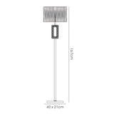 Line drawing of the Florence Rectangle 1 Light Crystal Floor Lamp—brass with bronze shade. Features a tall, thin stand, rectangular 40 x 21cm base, shade with vertical lines, and decorative crystal rectangles below the shade. Height: 167cm.