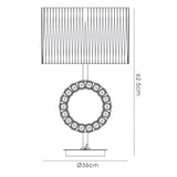 Line drawing of the Florence Round 1 Light Crystal Table Lamp in chrome with a black cylindrical shade, circular geometric base, and flat platform. The lamp stands 62.5 cm tall and has a 36 cm diameter at the polished chrome base.