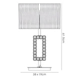 Line drawing of the Florence Rectangle 1 Light Crystal Table Lamp in chrome with a black shade, featuring a patterned open rectangular base, pleated lampshade, and dimensions: 61.5 cm tall, 38 x 19 cm wide.