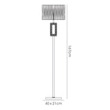 Line drawing of the Florence Rectangle 1 Light Crystal Floor Lamp in chrome with a black rectangular shade, crystal decorative circles below the shade, and a tall slim pole on a flat 40 x 21 cm base. Height: 167 cm.