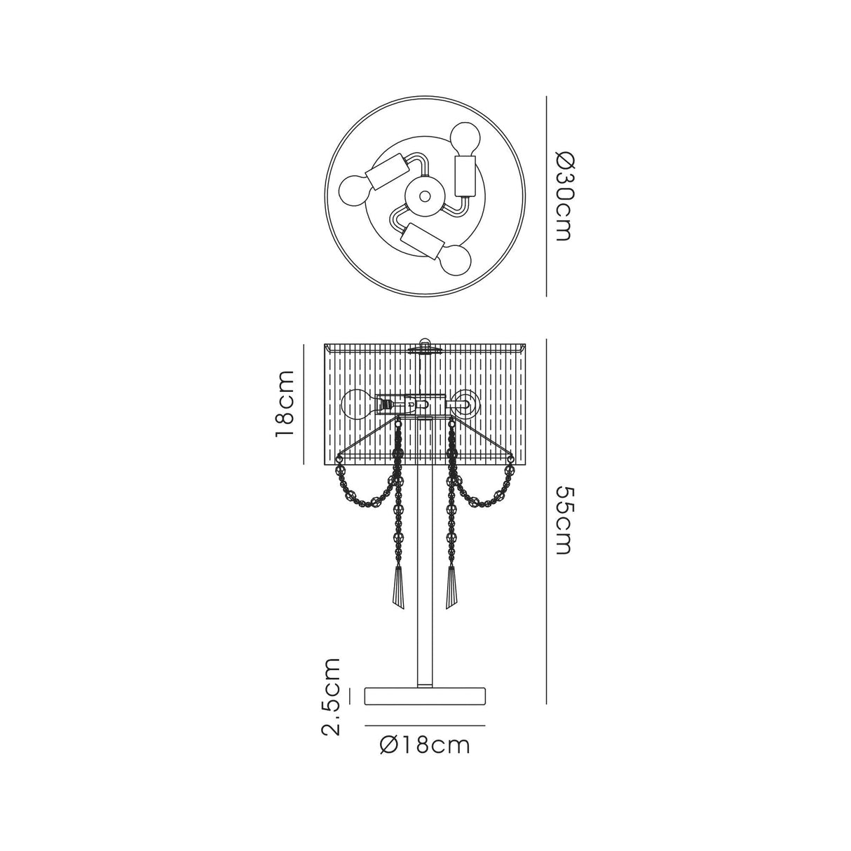 Line drawing of the Freida 3 Light Crystal Table Lamp in polished chrome with a grey organza shade (30cm dia x 18cm h), total height 55cm, base 18cm dia x 2.5cm h. Top and side views with measurements shown.