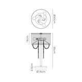 Line drawing of the Freida 3 Light Crystal Table Lamp in polished chrome with a grey organza shade (30cm dia x 18cm h), total height 55cm, base 18cm dia x 2.5cm h. Top and side views with measurements shown.