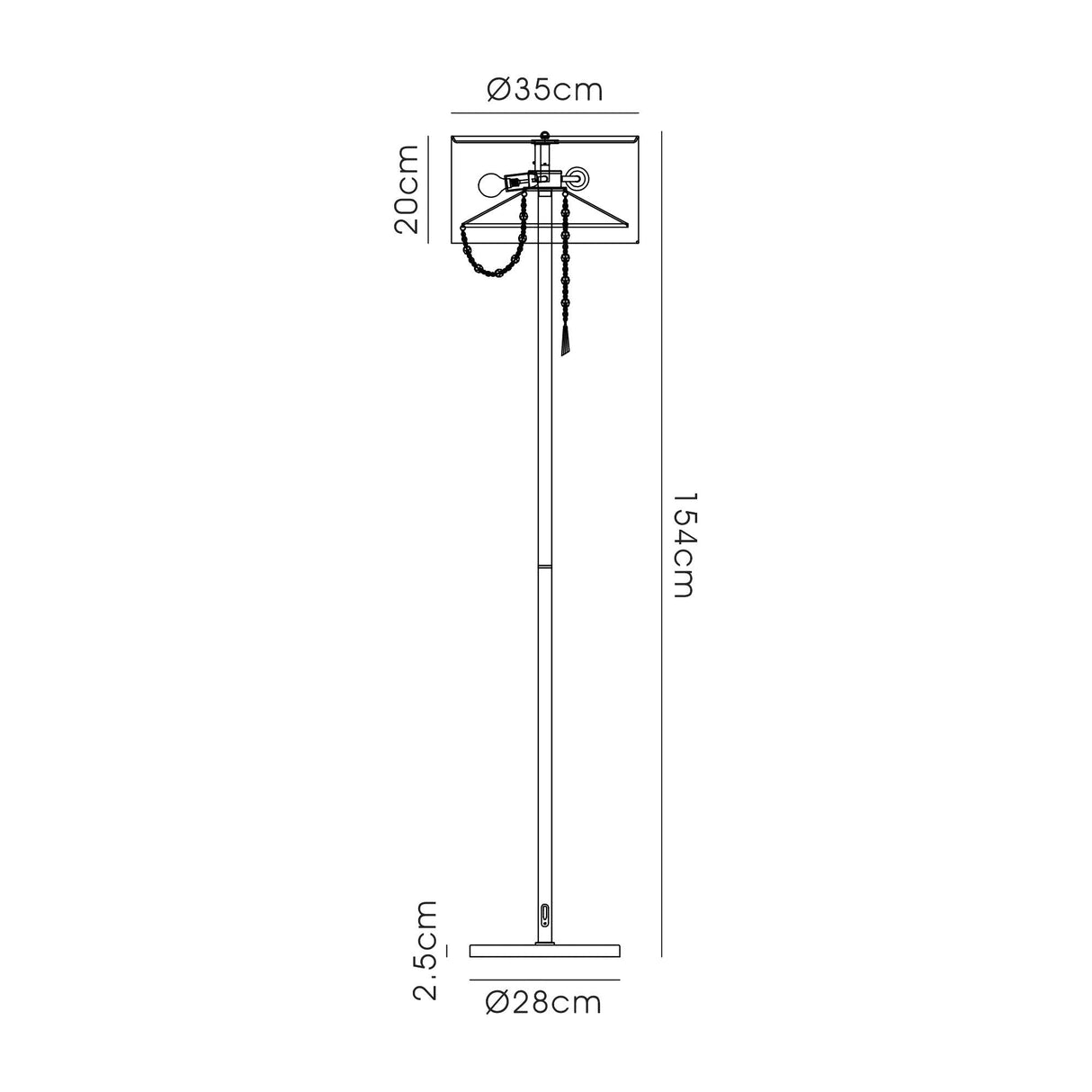 Line drawing of the Freida 3 Light Crystal Floor Lamp in gold with cream shade, showing measurements: shade diameter 35 cm, height 20 cm, total lamp height 154 cm, base diameter 28 cm, base height 2.5 cm. Pull chain visible under the shade.