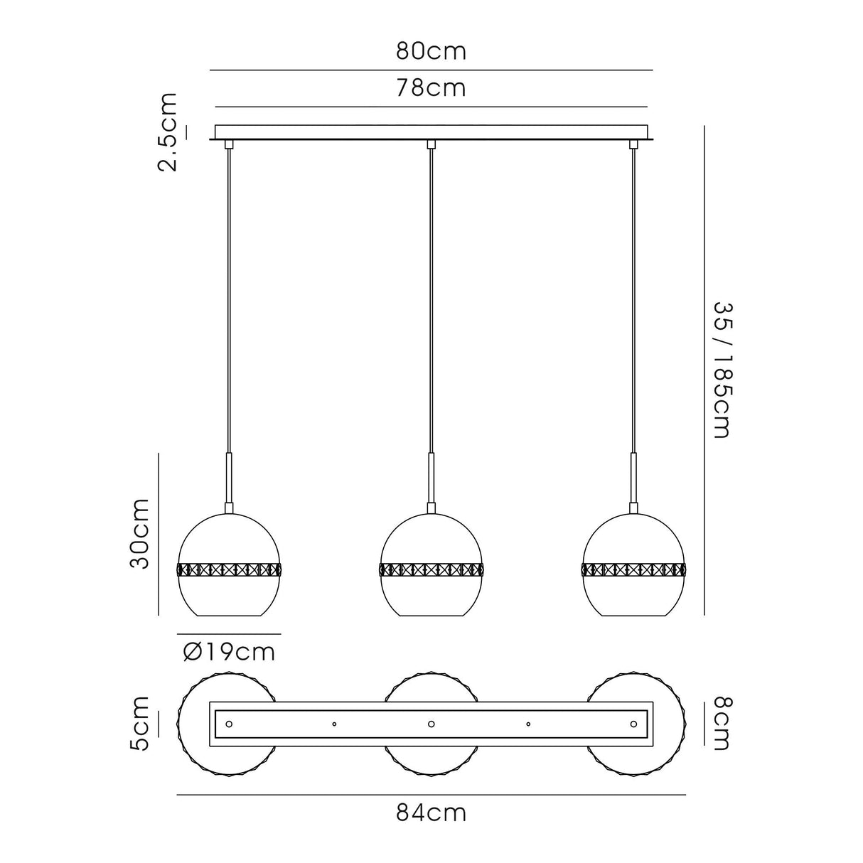 Andrea 3 Light Crystal Bar Pendant Light - Antique Brass
