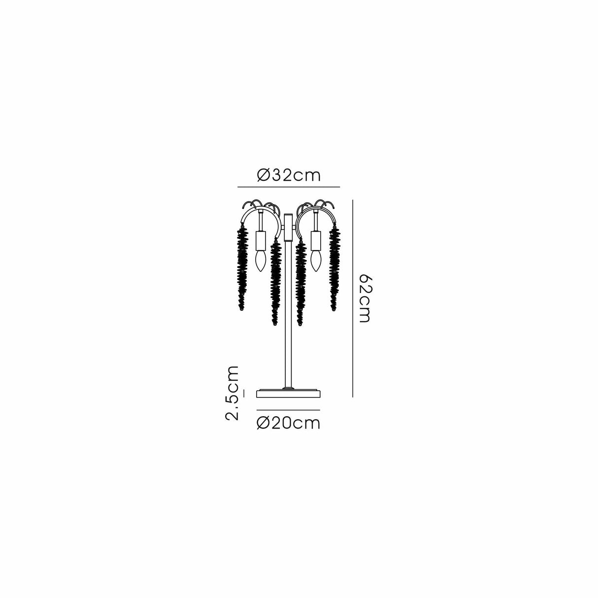 Line drawing of the Wisteria 3 Light Table Lamp in gold with clear crystal clusters, dimmable lighting. Size: height 62 cm, width 32 cm, base diameter 20 cm, base thickness 2.5 cm.