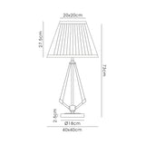 Line drawing of the Hilton 1 Light Large Wood Table Lamp in Black & Grey with Black Shade, dimensions: height 73 cm, shade width 20 cm (top)/40 cm (bottom), base diameter 18 cm, base height 2.5 cm, shade height 27.5 cm.