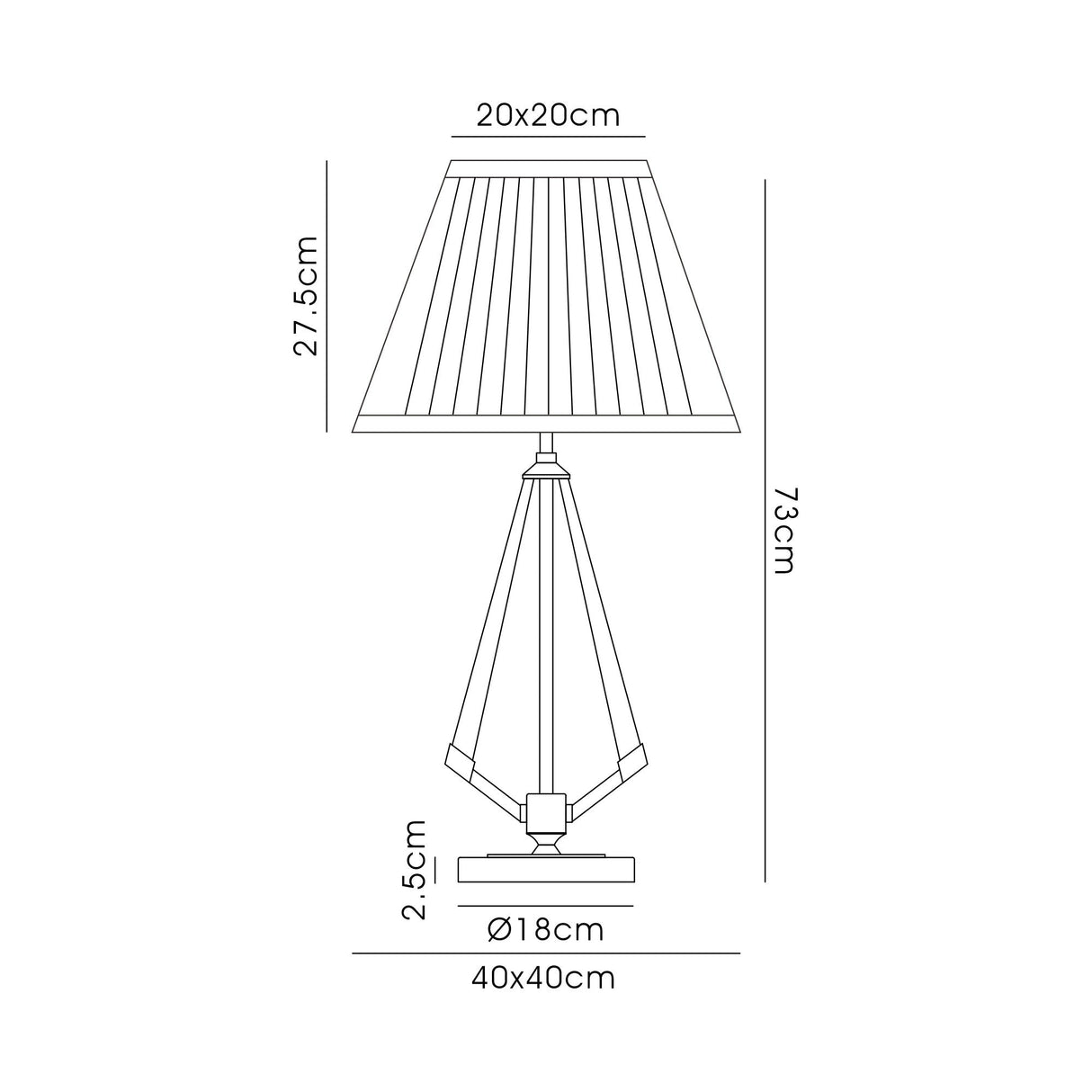 Line drawing of the Hilton 1 Light Wood Table Lamp in nickel and taupe with an ivory shade (20x20 cm, 27.5 cm tall); lamp height 73 cm, base diameter 18 cm, overall width 40 cm; stand height 2.5 cm.