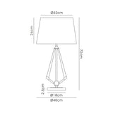 Line drawing of the Hilton 1 Light Wood Table Lamp - Black & Grey with Taupe/Halo Gold Shade, showing dimensions: height 72cm, shade width 32cm, base width 40cm, base height 2.5cm, and shade height 26cm—a chic contemporary piece.