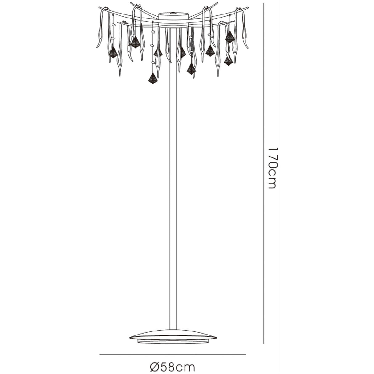 Line drawing of the Cygnet 6 Light Glass & Crystal Floor Lamp - Chrome, 170 cm tall, 58 cm in diameter, with a circular base and a shade decorated with hanging leaf-shaped and diamond-shaped crystal ornaments.
