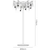 Line drawing of the Cygnet 6 Light Glass & Crystal Floor Lamp - Chrome, 170 cm tall, 58 cm in diameter, with a circular base and a shade decorated with hanging leaf-shaped and diamond-shaped crystal ornaments.