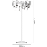 Line drawing of the Cygnet 6 Light Glass & Crystal Floor Lamp - Chrome, standing 170cm tall and 58cm wide, featuring modern lighting with hanging glass and crystal pendants around the lampshade. Measurements shown beside and below.