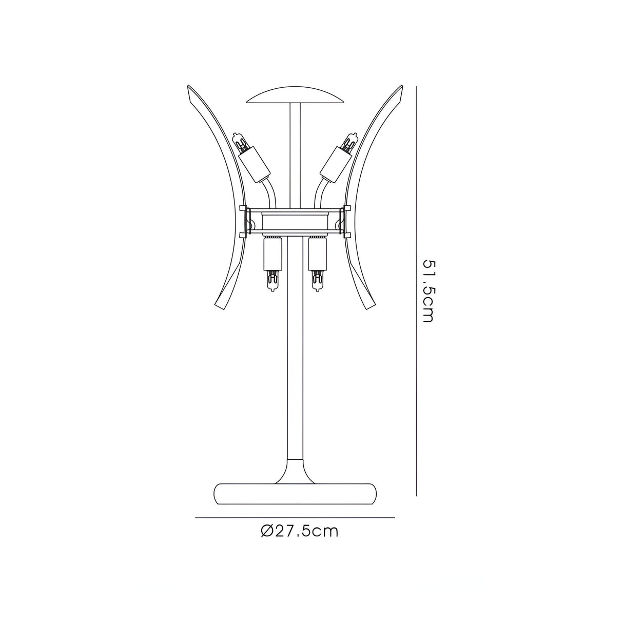Line drawing of the Sinclair 4 Light Crystal Table Lamp in polished chrome, featuring a round base, vertical stand, four curved side panels, and four exposed bulb sockets; measures 51.5 cm tall by 27.5 cm diameter.