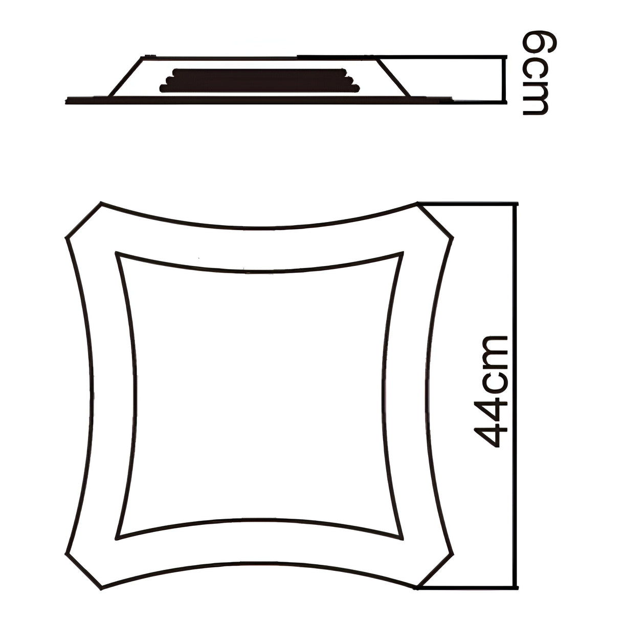 Technical line drawing of the Mantra Rosa Del Desierto flush ceiling light showing a 44cm square four-lobe frame with 6cm side profile depth.