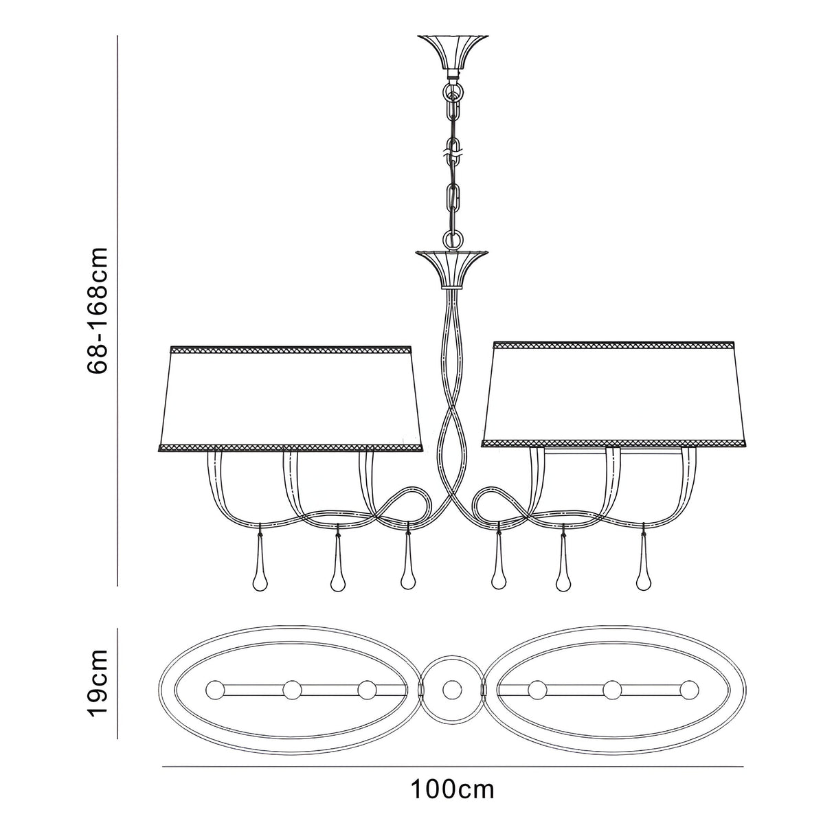 Paola Linear 2 Arm 6 Light Chandelier - Silver With Black Shades