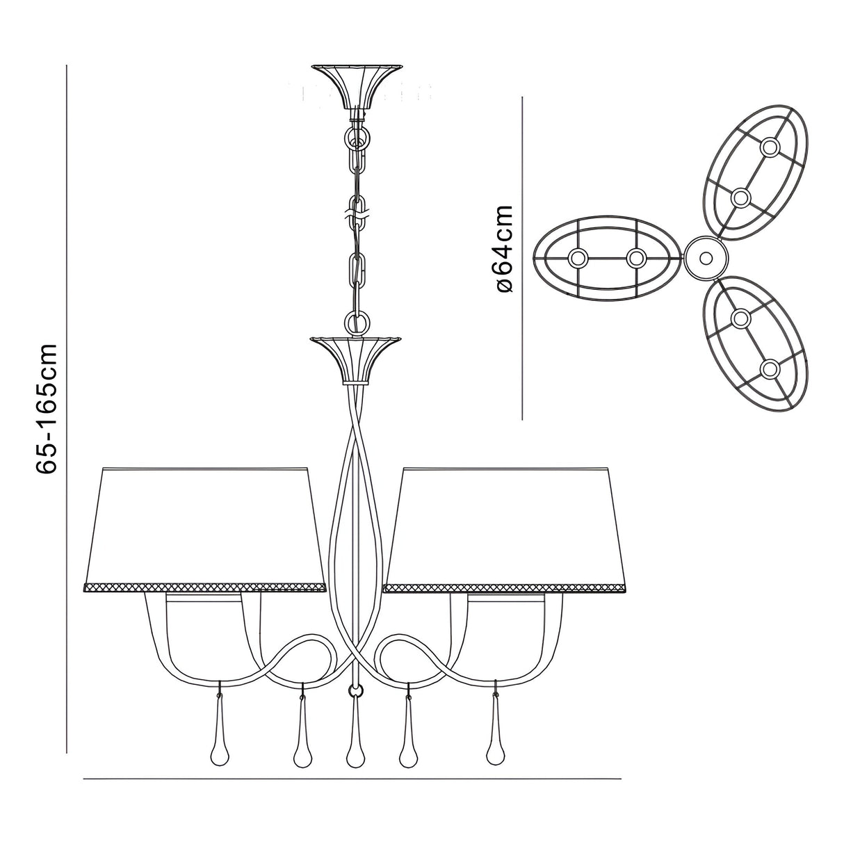 Paola 64cm 3 Arm 6 Light Chandelier - Gold With Black Shades