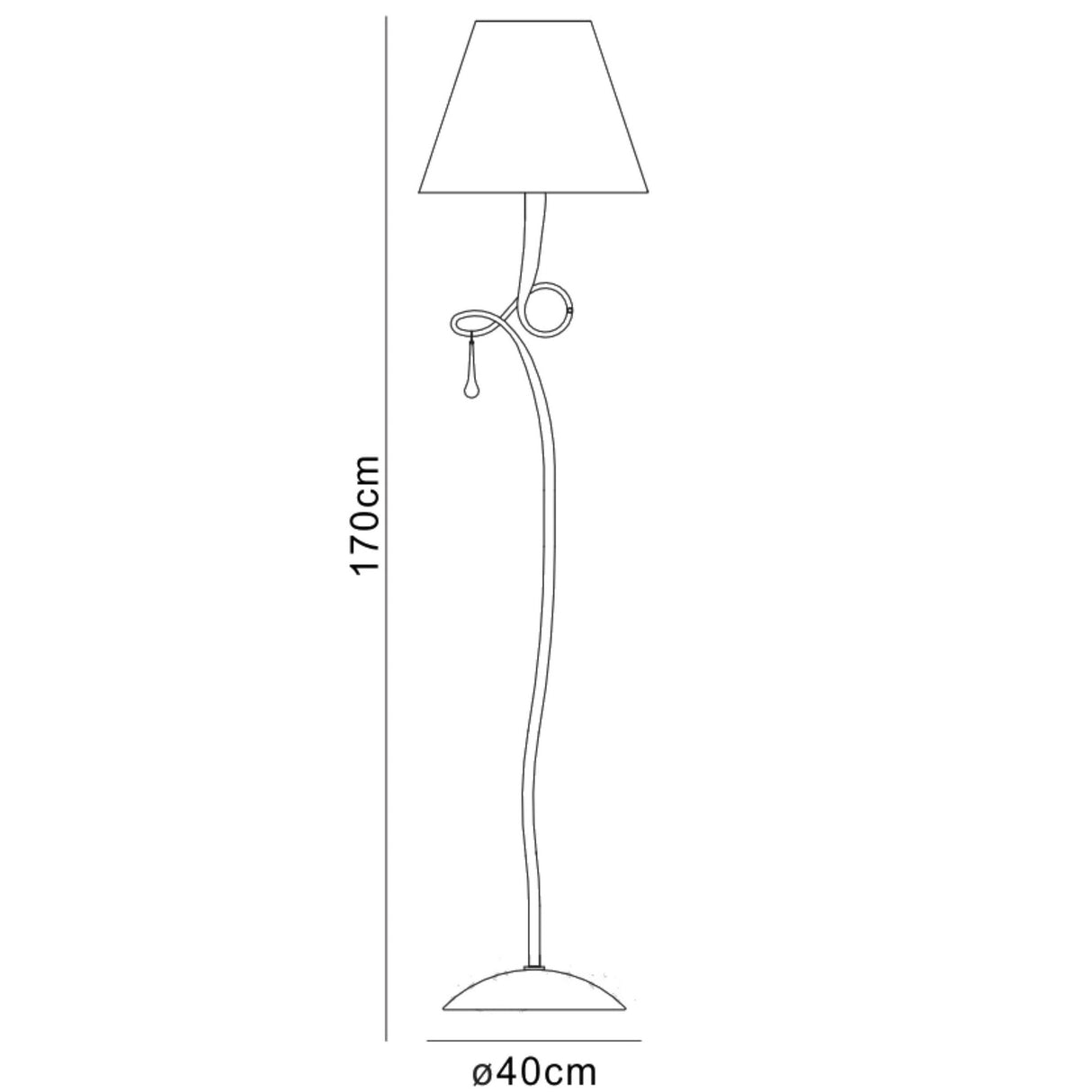 Paola 1 Light Floor Lamp features a gold curved stand, round 40 cm base, cream shade, decorative curl stem with glass droplets, and pull switch. Standing 170 cm tall, it adds elegance to any room.