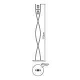 Line drawing of the Amel 2 Light Floor Lamp - Black Chrome: a tall, modern fixture with two intertwined curved stems, 170 cm high and a round 30 cm base, shown from front and top views—ideal for contemporary interiors.