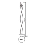 Line drawing of the Amel 2 Light Floor Lamp - Polished Chrome, featuring two twisted vertical elements on a circular base (30 cm diameter), standing 170 cm tall. Top view showcases its dimmable twisted design.