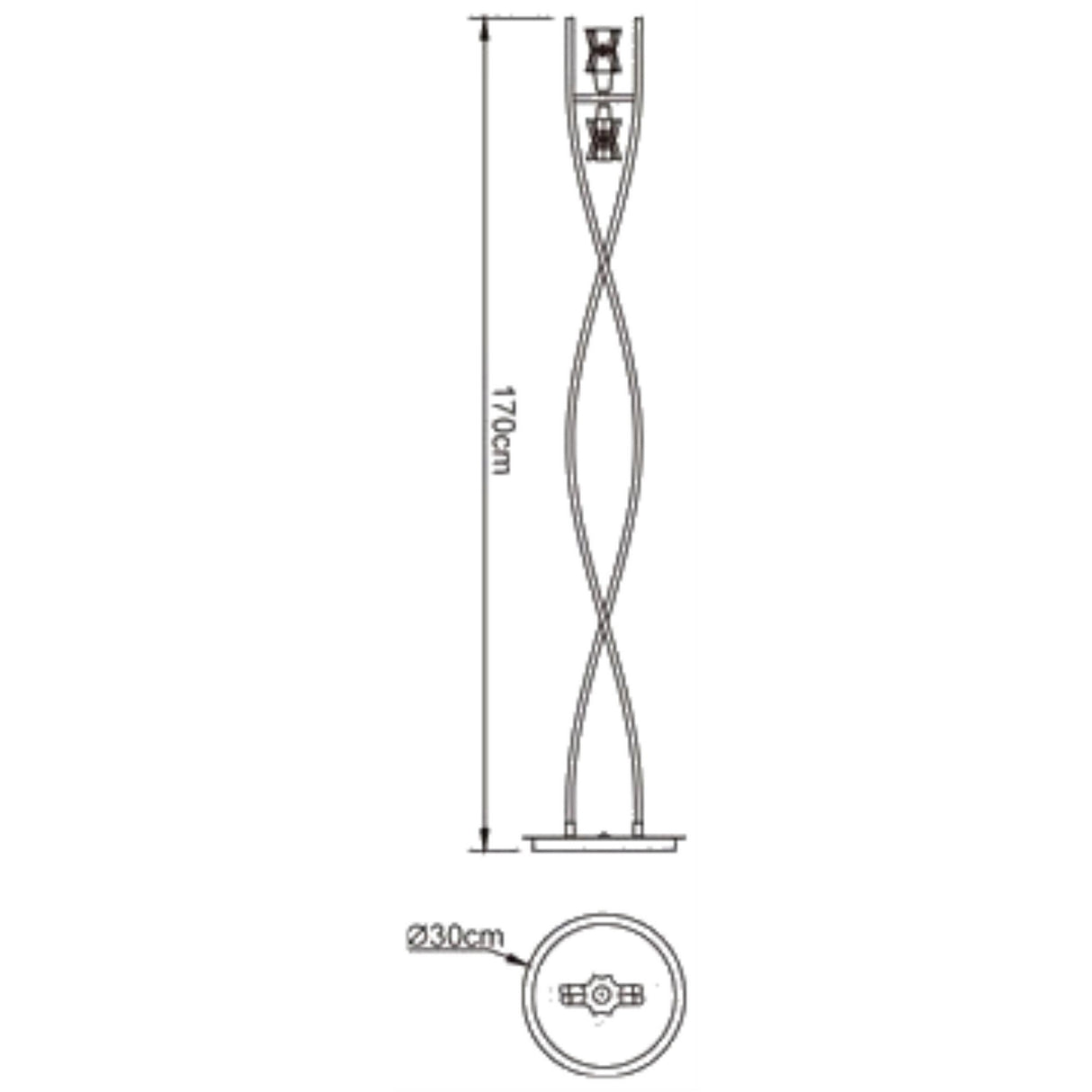 Line drawing of the Alaska 2 Light Floor Lamp in antique brass, featuring a tall twisted double-helix base for ambient lighting; measures 170 cm high by 30 cm diameter, shown from front and top views.
