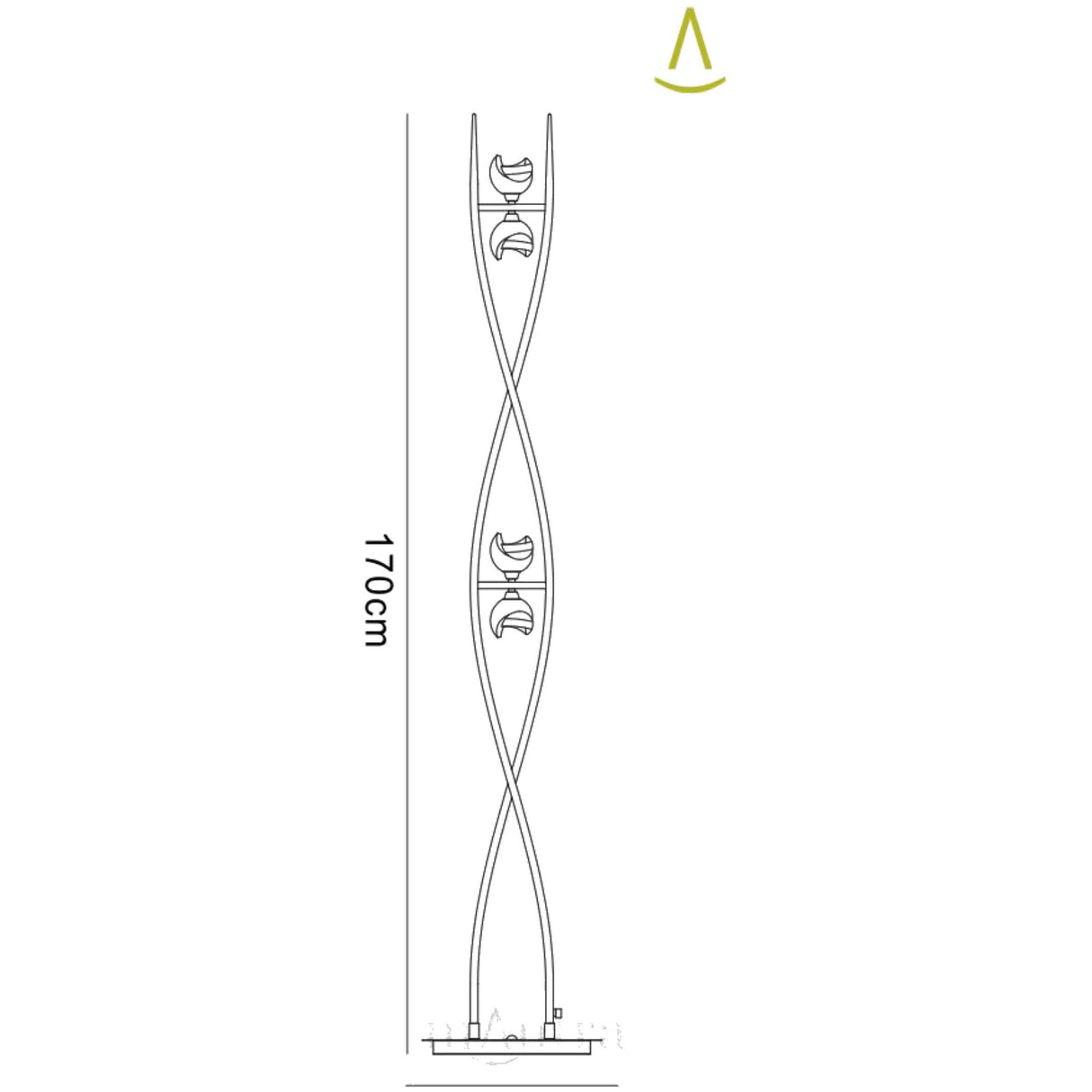 Line drawing of the 170 cm tall Fragma 4 Light Floor Lamp in black, featuring a twisting double-helix design with three bird-shaped decorations perched along its height.