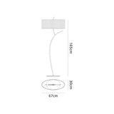 Line drawing of the Eve 2 Light Floor Lamp - Chrome White Oval Shade, featuring a curved stem, oval base, and cylindrical shade. Dimensions: 165 cm high, 67 cm wide at the base, and 30 cm deep.