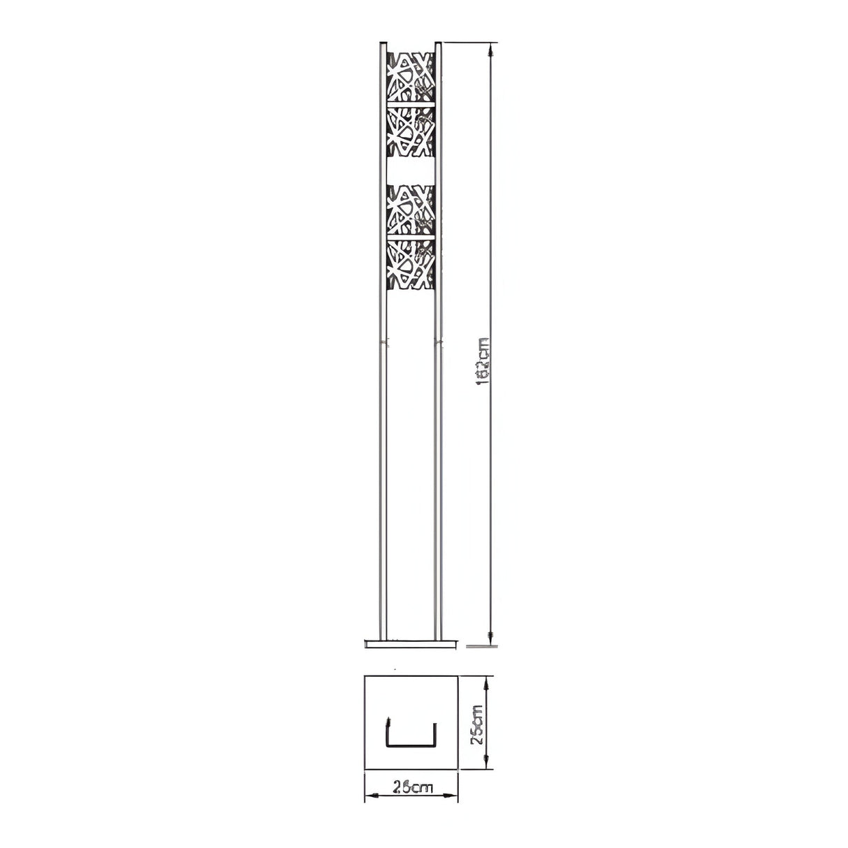 Line drawing of the modern Tokio 4 Light Floor Lamp - Gloss White & Polished Chrome, featuring a tall rectangular post with decorative panels for ambient lighting, 162 cm high with a 25 x 25 cm square base and a top-down view.