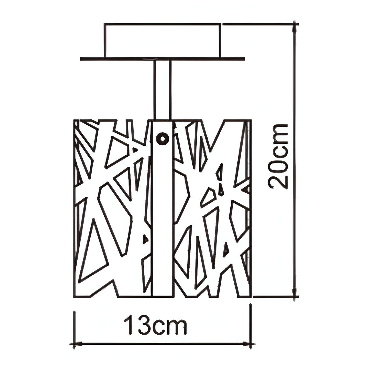 Dimensioned line drawing of the Mantra Tokio semi-flush ceiling light showing 13cm width and 20cm height with laser-cut cage and canopy.