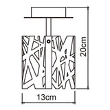 Dimensioned line drawing of the Mantra Tokio semi-flush ceiling light showing 13cm width and 20cm height with laser-cut cage and canopy.