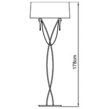 Line drawing of the Lucca 2 Light Crystal Floor Lamp in chrome with a white shade, featuring two curved, crossing supports—a sleek, dimmable choice for modern interiors. Total height: 178 cm.
