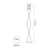 Line drawing of the Eclipse 2 Light Floor Lamp - Black Chrome, featuring two curved, intertwined poles, two upward-facing lights, 170 cm height, 30 cm round base. Includes top and side views of this contemporary design.