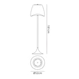 Line drawing of the Cool 2 Light Floor Lamp in matt white & opal white, featuring a flared shade, central pole, and round 52 cm base. Ideal for ambient lighting. Lamp height: 181 cm.