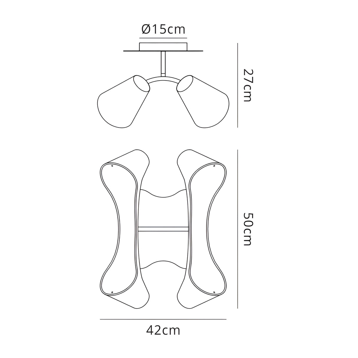 Dimension diagram of the Mantra Ora 4 Light Semi-Flush Ceiling Light showing 15cm canopy, 27cm drop, 50cm length and 42cm width.