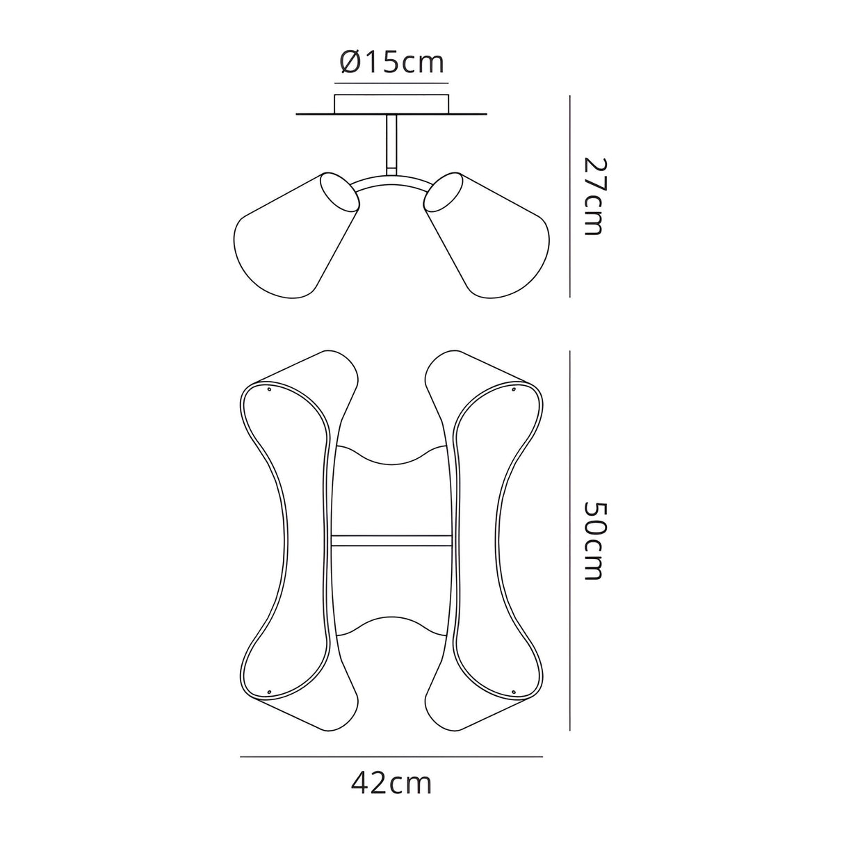 Technical line drawing of the Mantra Ora 4 light semi-flush ceiling light showing 42cm length, 50cm width, 27cm drop and 15cm base plate.