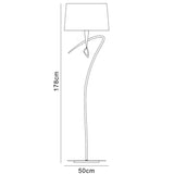 Line drawing of the Mara 4 Light Floor Lamp in antique brass with an ivory white shade, featuring a curved stem, rectangular lampshade, minimalist style, standing 178 cm tall with a 50 cm wide base.