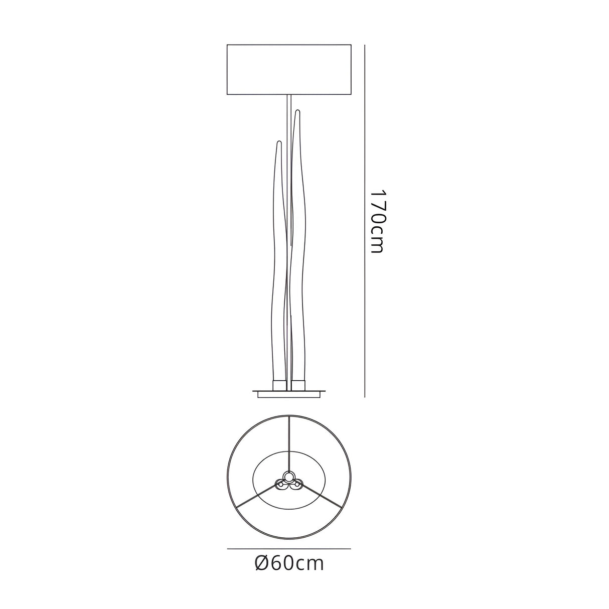 Line drawing of the Estalacta 3 Light Floor Lamp—Silver with Black Shade. At 170cm tall and a 60cm round base, this statement piece is perfect for modern interiors; shown from front and top views.