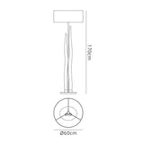 Line drawing of the Estalacta 3 Light Floor Lamp—Silver with Black Shade. At 170cm tall and a 60cm round base, this statement piece is perfect for modern interiors; shown from front and top views.