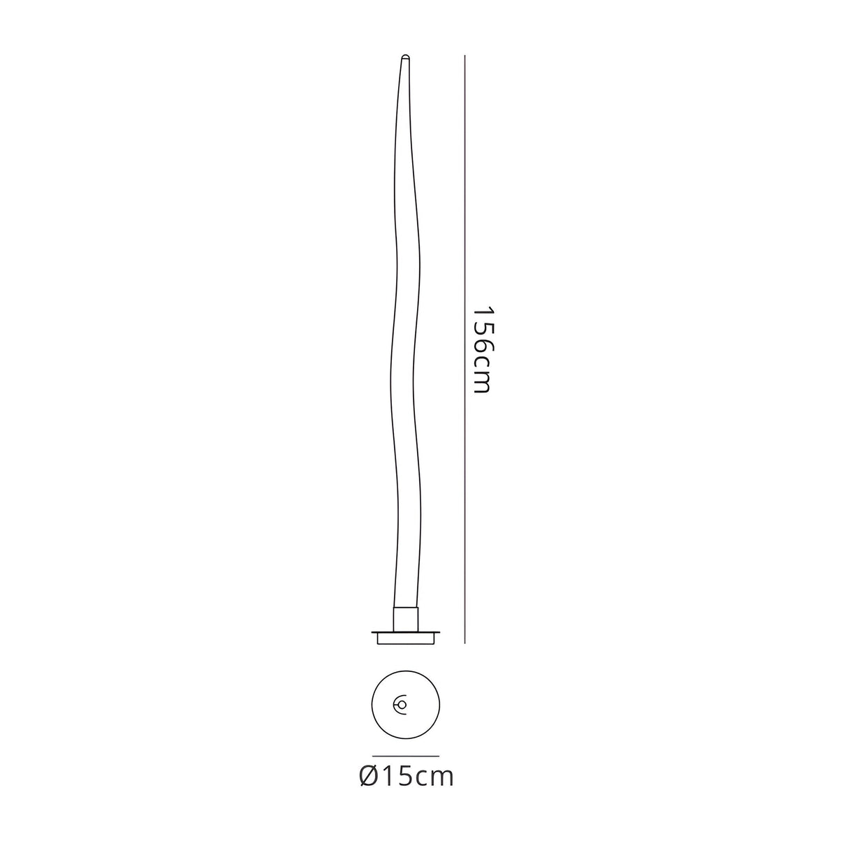 Line drawing of the Estalacta 1 Light Large Outdoor Floor Lamp in silver & opal white, featuring a tall wavy form (156 cm high, 15 cm base diameter) with top and side views that showcase its modern outdoor design.