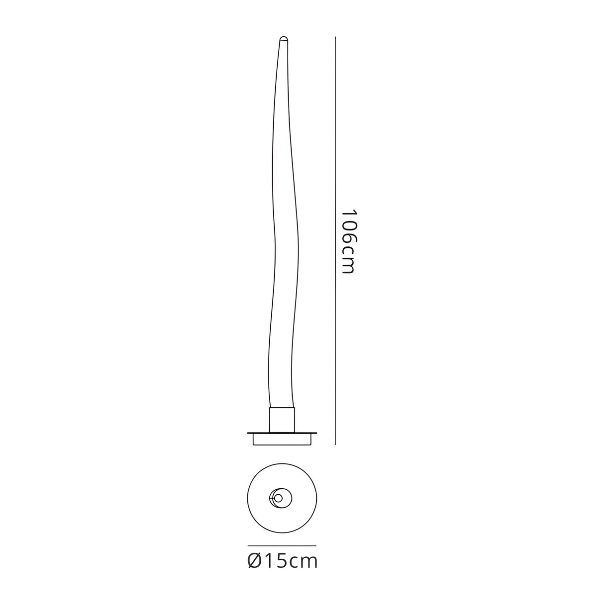 Line drawing of the Estalacta 1 Light Small Outdoor Floor Lamp in silver & opal white, with a height of 106 cm and base diameter of 15 cm. Side and top views with dimensions—ideal for ambient lighting in outdoor spaces.