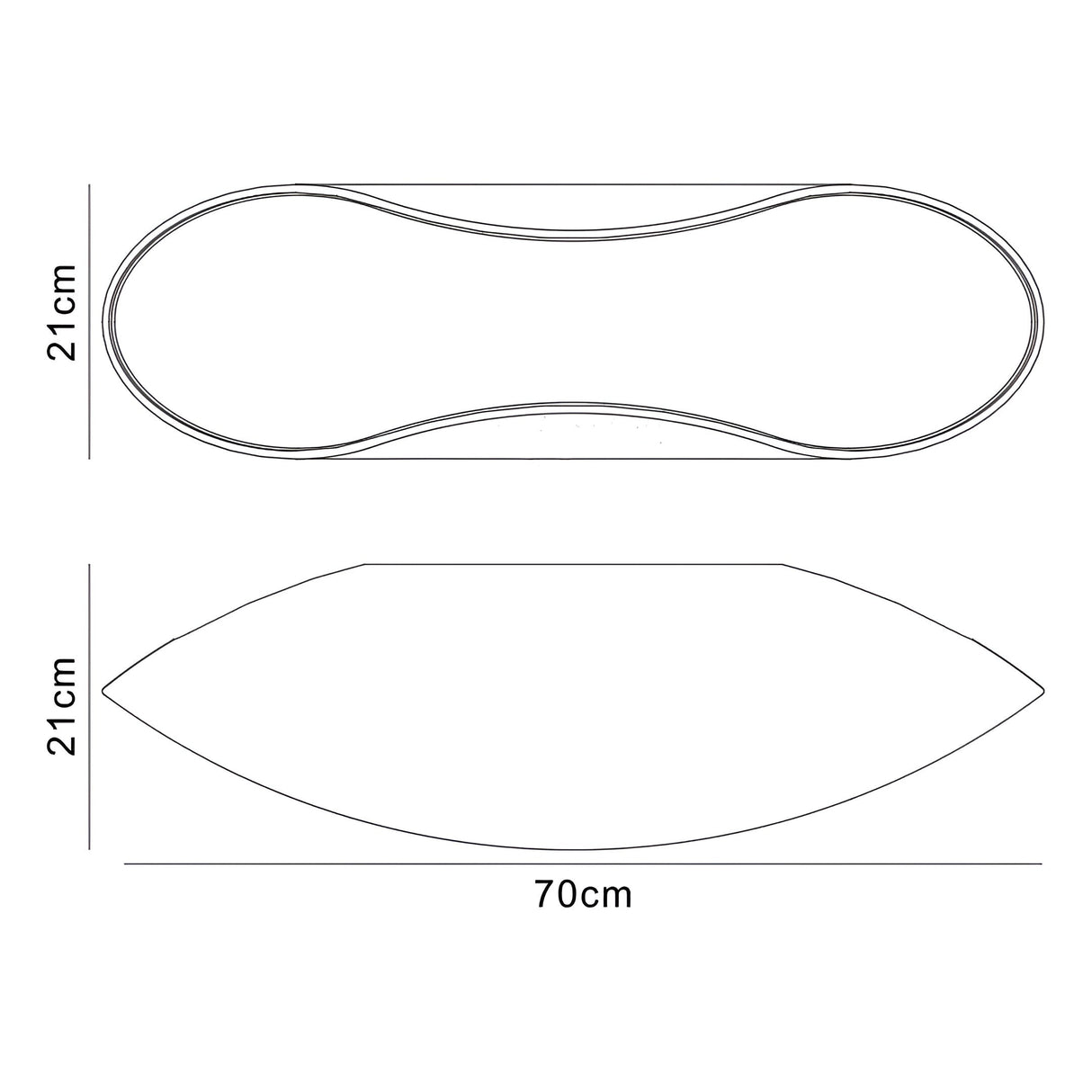 Mantra Pasion 4 light flush ceiling light dimension diagram showing 700mm width and 210mm height with curved gloss white profile.