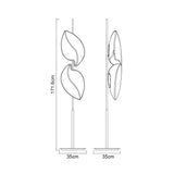 Line drawing of the Natura Floor Lamp 4 Light in polished chrome/opal white, part of the Natura range. Features two curved, leaf-like shades, LED compatibility, stands 171.6 cm tall with a 35 cm wide square base. Front and side views shown.