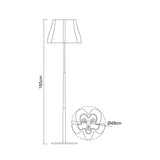 Line drawing of the Miss 3 Light Floor Lamp in gloss black and polished chrome, standing 165 cm tall. Inset details its circular base (49 cm diameter) with decorative wavy lines—a chic touch for modern lighting décor.