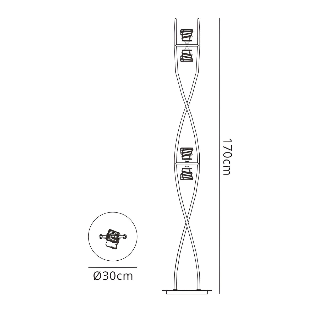 Line drawing of the Iku 4 Light Floor Lamp - Satin Nickel, featuring three bulbs, a twisted metal frame, round 30 cm base, and 170 cm height.