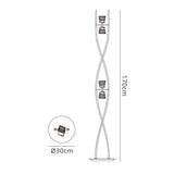 Line drawing of the Iku 4 Light Floor Lamp - Satin Nickel, featuring three bulbs, a twisted metal frame, round 30 cm base, and 170 cm height.