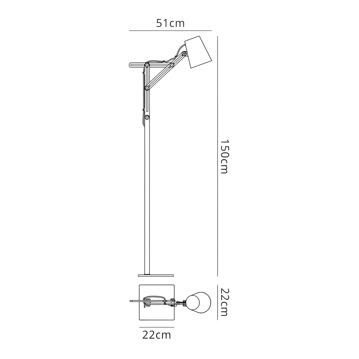 Line drawing of the Looker 1 Light Wood Floor Lamp in matt white, ideal for Scandinavian interiors. It stands 150 cm tall, with an adjustable arm and lamp head that extends 51 cm; the base measures 22 cm wide and deep for flexible lighting.