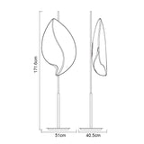 Line drawing of the Natura 2 Light Outdoor Floor Lamp—Matt White/Opal White finish—with a leaf-shaped shade, shown from front and side. Ideal for ambient lighting. Dimensions: 171.6 cm H, 51 cm W (front), 40.5 cm D (side).